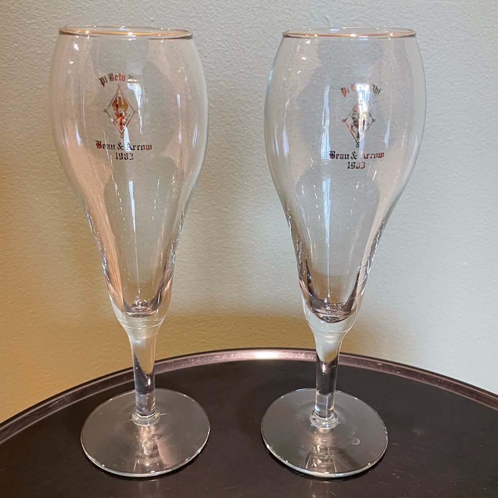 Vintage Sorority Pi Beta Phi Glass Drinkware Pair of Flutes
